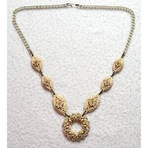 Antique 20s 30s Carved Celluloid Cream Necklace Rhinestones Carved Ornate Lacy